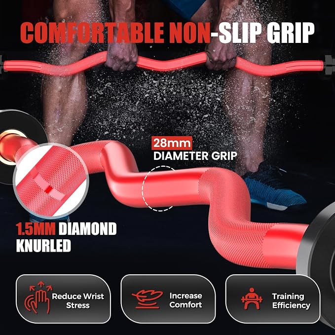 47” Solid Steel Olympic Curl Bars, 500LB | EZ and Super EZ curl bars with knurled grips, rotating sleeves, solid steel build, and 2-inch Olympic plate compatibility