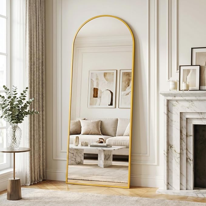 Full Length Mirror, Arched Floor Mirror Freestanding, Floor Standing Full Body Mirror with Stand for Bedroom, Hanging Mounted for Living Room Cloakroom (Gold, 58.5"x18")