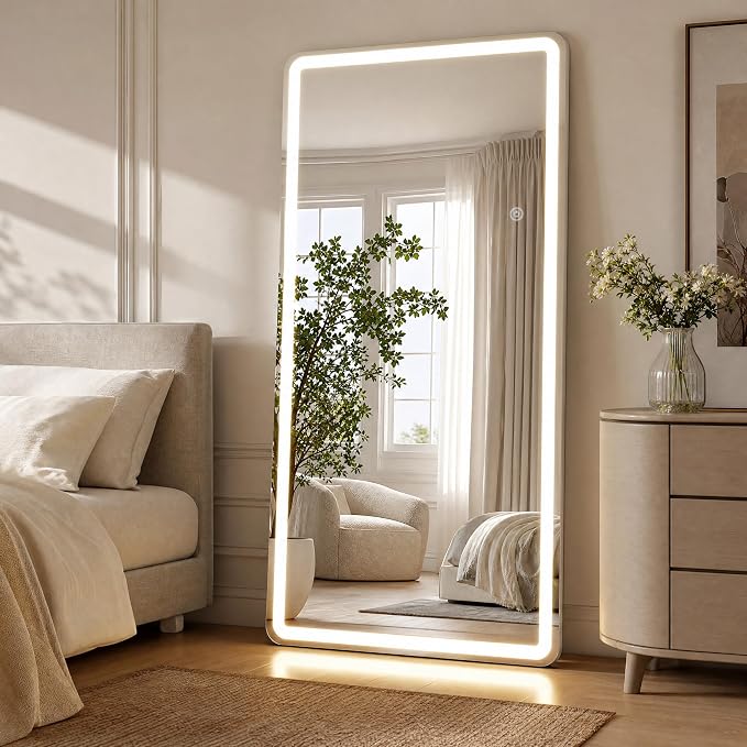 Led Mirror Full Length 30 x 71 with Dimming & 3 Color Lighting | Tempered Glass Lighted Full Body Mirrors Standing Leaning or Hanging Full Length led Mirrors for Bedroom Dressing Room Rect