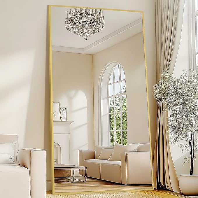 MirrMuse 82"X44" Full Length Mirror with Stand, Oversized Floor Mirror | Tempered Glass, Extra Large, Free Standing, for Gym Bedroom Living Room Clothing Store, Aluminum Alloy Frame, Gold