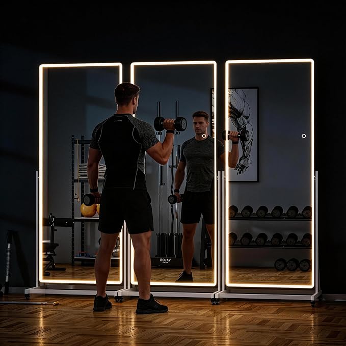 71"x24" LED Full Length Rolling Mirror 360° Rotate, Dimmable | Tempered glass & metal frame, 3-color dimmable lighting, swivel & lockable wheels, ideal for dance studio & cloakroom