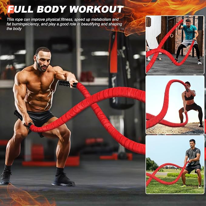 Battle Ropes for Home Gym Exercise - 1.5 Inch Diameter 30FT Red Battle Rope Workout Exercise Training Ropes with Protective Sleeve for Kids Men Women Exercise Fitness & Strength Training