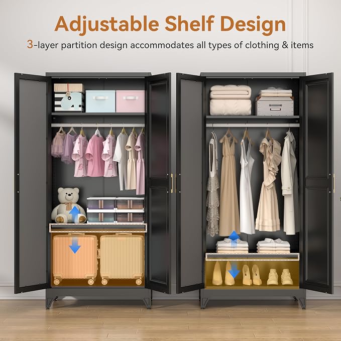 Polup Metal Armoire Wardrobe Closet with Mirror, 71" Tall Black Cabinet | Heavy Duty Steel Clothing Storage Cabinet with Hanging Rod & Adjustable Shelves for Bedroom, Office, Clothes Organizer