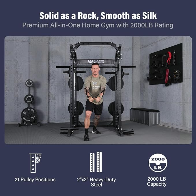 Major Fitness Drone2 Advanced Training Smith Machines– All-in-One Home Gym Squat Rack with Aluminum Pulley Set , Weight Bar, Dual LAT Pull-Down Systems & Cable Crossover Machine for Full-Body Workouts