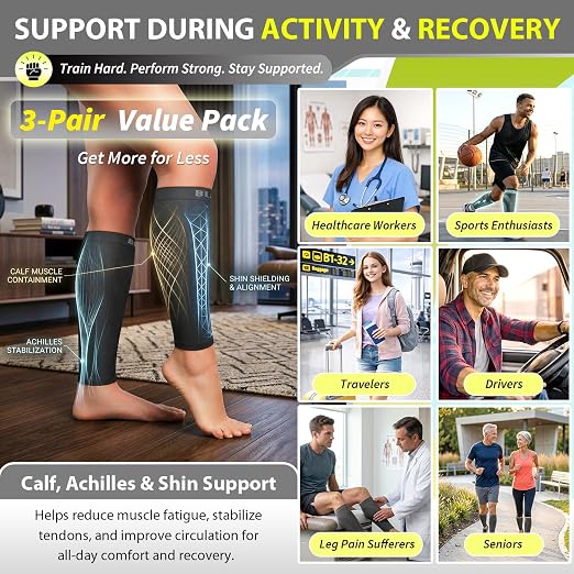 BLITZU Calf Compression Sleeves, 3 Pairs, Shin Splint Relief Running Socks | Footless Compression Socks for Men and Women, Leg & Muscle Support, Reduce Swelling, Pain, Fast Recovery for Travel, Fitness