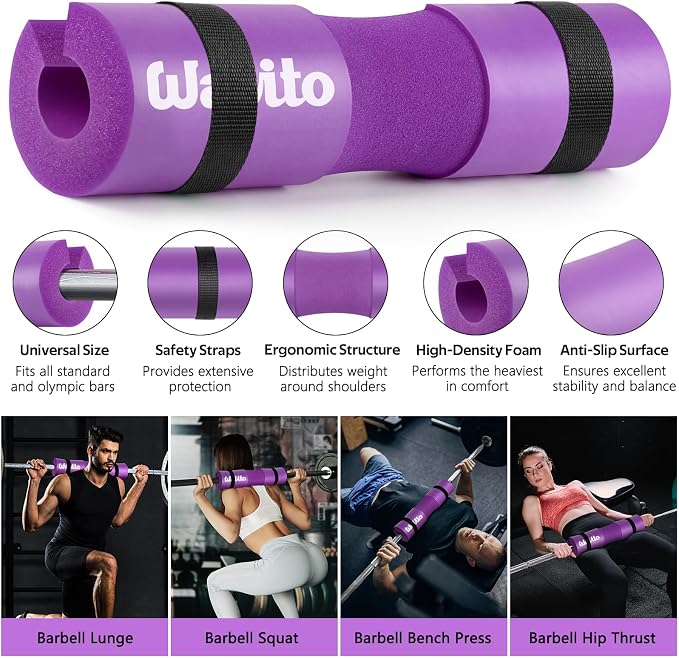 WALITO 8Pcs Barbell Pad Set for Hip Thrust - Squat Pad,Gym Accessories for Women with Bar Bad,Bench Press, with Gym Ankle Straps,Resistance Bands for Working Out,Lifting Strap,Carry Bag