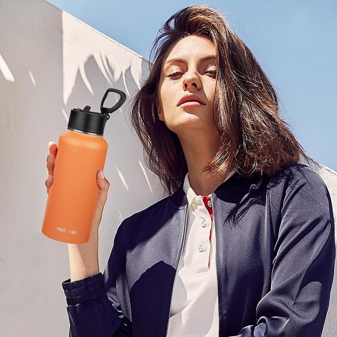 Insulated Water Bottle With Straw,32 oz Vacuum Insulated Stainless Steel Sports Water Flask,Keeps Cold and Hot,Metal Water Bottle Wide Mouth for Gym Travel Camping (Orange)