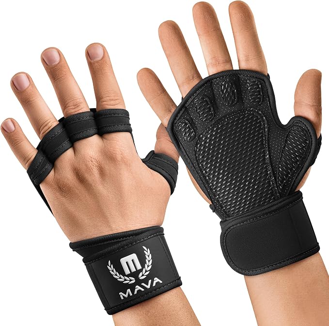 Mava Sports Open Gym Gloves with Integrated Wrist Support – Padded Weight Lifting Gloves for Men & Women – Silicone Grip Fingerless Workout Gloves for Cross Training & Fitness – 1 Pair
