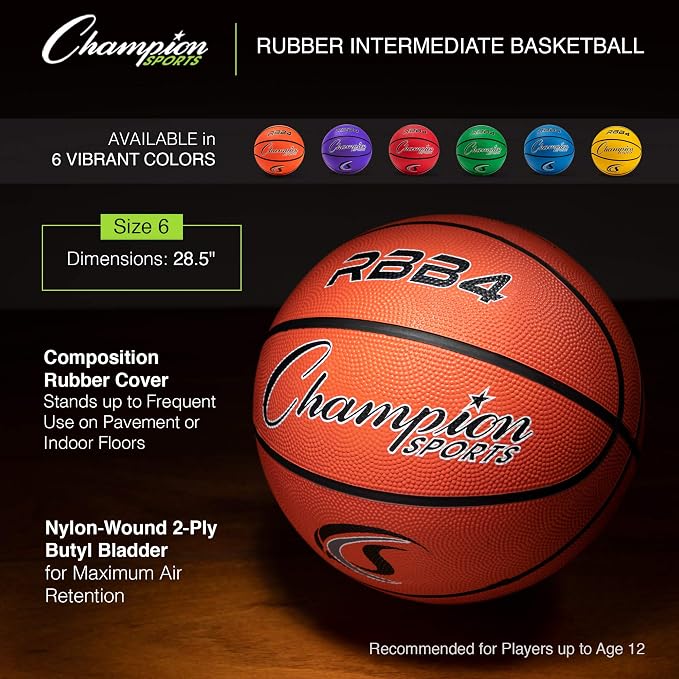 Champion Sports Rubber Basketballs – Durable Indoor & Outdoor Training & Recreational Game Balls, Multiple Sizes & Colors