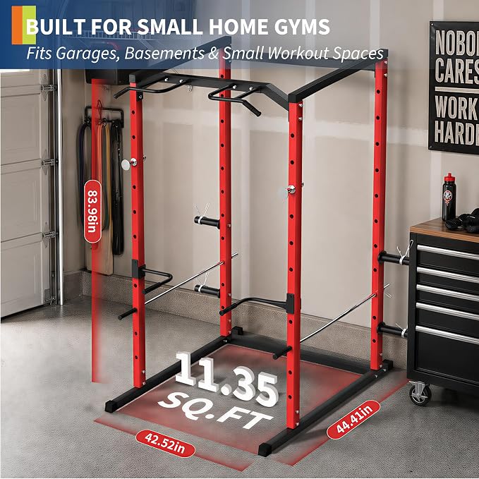 GarveeLife Compact Power Cage for Home Gym, 1100 LB Capacity Power Rack with Pull-Up Bar, Dip Station, Safety Bars & Weight Plate Storage, Squat Rack for Garage Gym