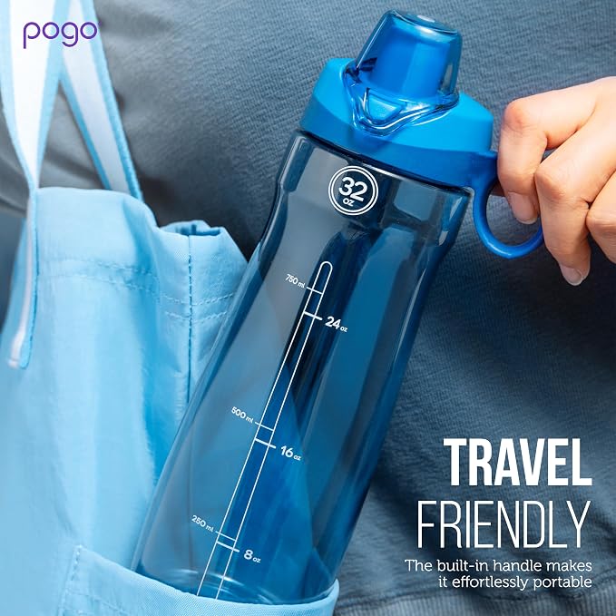 Pogo BPA-Free Plastic Water Bottle with Chug Lid, 40 Oz, Blue | Leakproof water bottle with chug lid and carry handle. BPA-free, great for travel, school, outdoors, and gym.