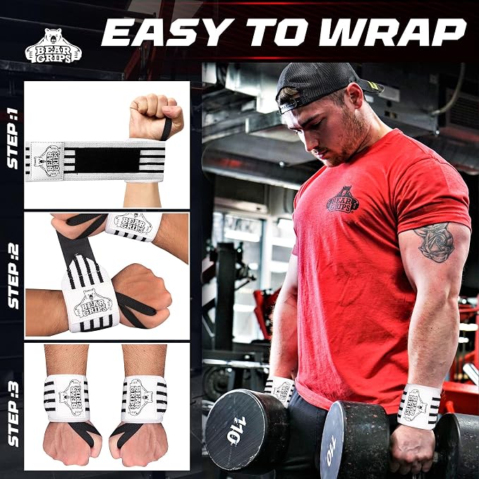 Bear Grips Wrist Wraps for Weightlifting | Weight Lifting Wrist Straps for Weightlifting | Extra Strength Gym Wrist Wraps | Two Wrist Wrap Per Pack | 12” & 18” | Lifting Wrist Wraps for Men & Women
