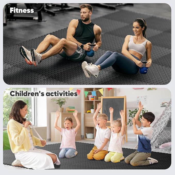 12 Pack 48 sqft Home Gym Mat, Puzzle Exercise Mat, EVA Interlocking Foam Floor Tiles for Home Workout Equipment and Kids' Play Areas - Black, 24 in x 24 in x ½ in - 12 Tiles (Black, 12 Pack, 48 SQ FT)