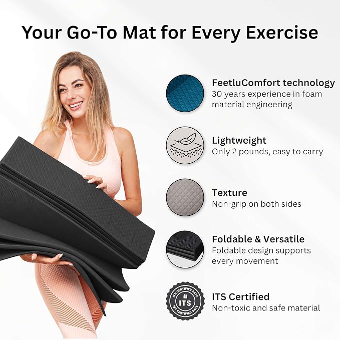 Foldable Yoga Exercise Mat, 6mm/8mm/10mm/12mm Thickness, 72 x 24 Inch - Lightweight, Anti-Slip, and Easy to Store for Yoga, Pilates, Home Workouts, and Floor Exercises