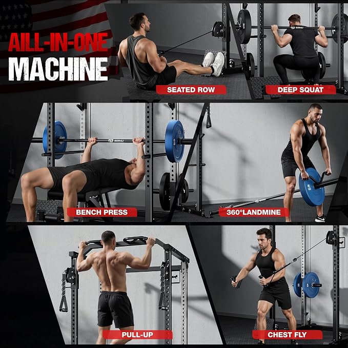 DP01 Power Cage, 2000LBS Squat Rack with Cable Crossover and Dual Independent Pulley System, Full Cage for Full Body Training, Power Rack with More Training Attachments for Home Gym