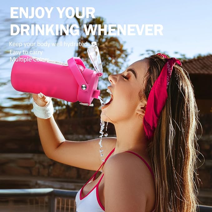 42oz Glass Water Bottles with Straw, Motivational Glass Bottle with Silicone Sleeve and Time Marker, Leakproof Large Glass Water Jug for Gym Home Office,Rose red