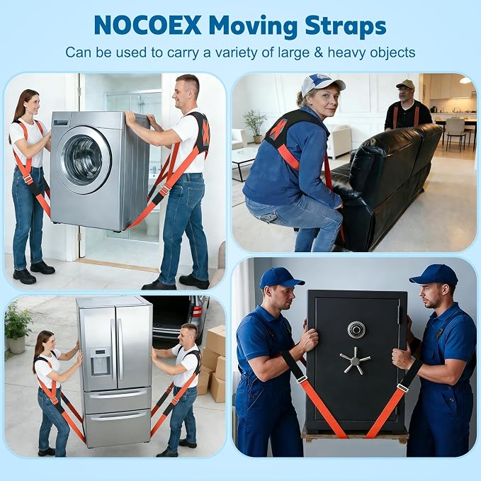 NOCOEX Moving Straps for Lifting 2-Person: Shoulder Lifting & Moving System | Padded Back Support Shoulder Forearm Mode 2 Mover Carry Furniture Appliance Mattresses Heavy Duty 880lbs, 63-134in Adjustable