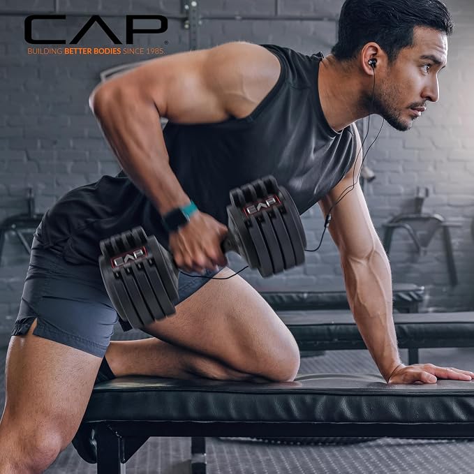 CAP ADJUSTABELL Adjustable Dumbbell Set, Premium Quick Select Adjustable Weights for Strength Training, Singles & Pairs, 12.5 LB, 25 LB & 55 LB, Round & Hex Dumbbells, Multiple Grip Handle Options