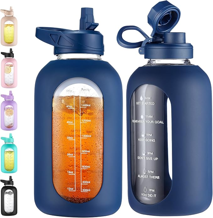 CIVAGO 64 oz Glass Water Bottle with Straw, Half Gallon Large Water Jug | Motivational, Time Marker, Leakproof Lids, Wide Mouth, Flask Cup with Handle and Silicone Sleeve, for Juices, Navy
