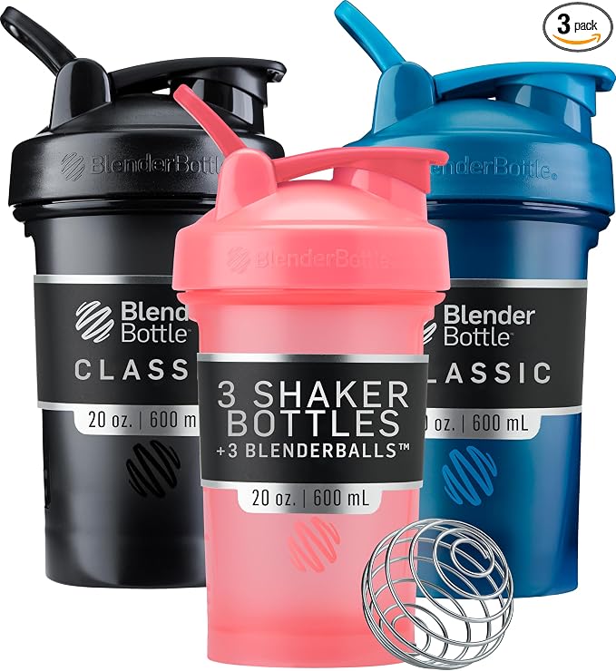 BlenderBottle Classic V2 Plastic Shaker Bottle 20oz Black/Navy/Pink, 3-Pack
