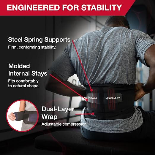 MUELLER Sports Medicine Adjustable Lumbar Back Brace, Lower Back Pain Relief and Support Belt for Men and Women, Black, One Size Fits Most