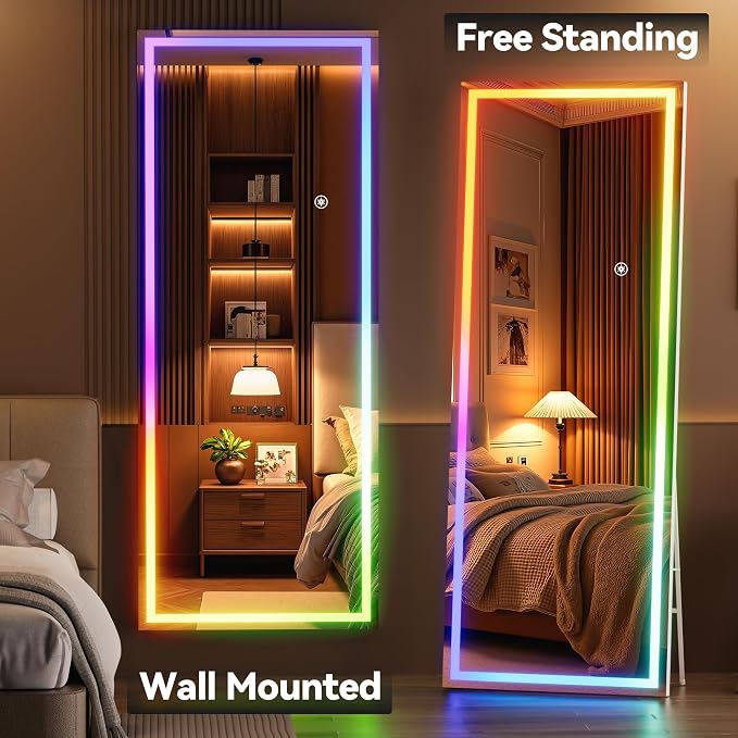 Hasipu 83"x35" LED RGB Bluetooth Home Gym Mirror Full Length with Lights, Wall Mount & Free Standing Full Body Mirror for Bedroom Workout Yoga, Detachable Stand, 7 Color & Brightness Adjustable
