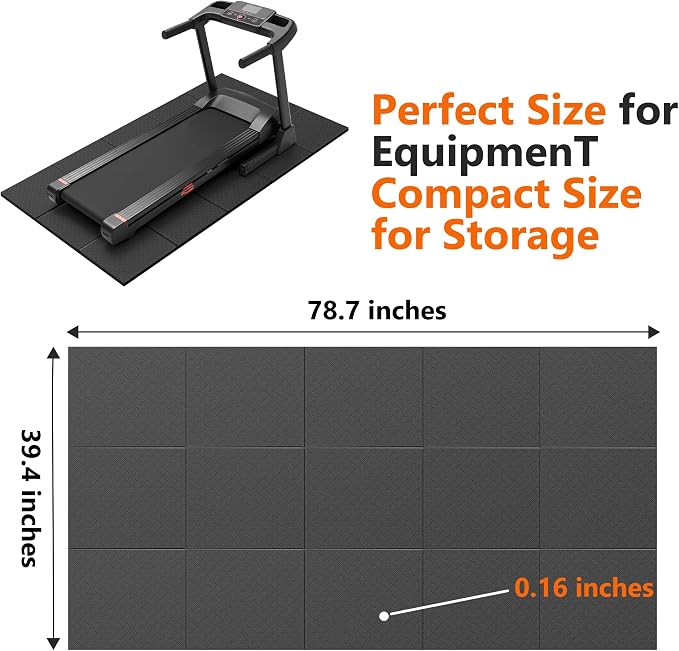 THAILE Gym Equipment Mat, 79" x 39"x 0.16" Exercise Equipment Mat | Heavy-duty floor protector for treadmills, ellipticals, bikes and weight equipment; reduces vibration, noise and floor damage