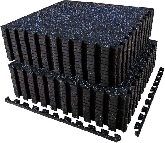 AIRHOP 0.56in Thick 96 Sq Ft Exercise Equipment Mats, 24Tiles Upgraded Rubber Top with High Density EVA Foam, Large Interlocking Puzzle Gym Flooring for Home Gym, Heavy Weight Workout, Black & Blue