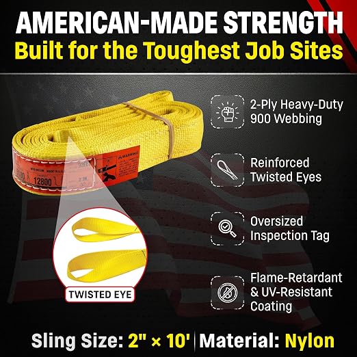 DD Sling (USA Made). 2" wide X (4' to 20' lengths) in Listing! 2 Ply Twisted Eye, Nylon Lifting Slings, Eye & Eye, Heavy Duty (900 webbing), 6,400 lbs Vertical, 5,100 Choker, 12,800 Basket Load Capacity (2inX10ft)