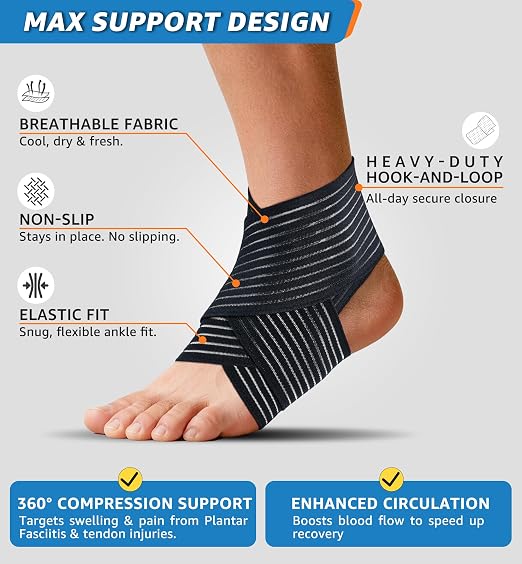 Ankle Brace 2 Pack, Adjustable Compression Support Wrap for Men & Women – Ideal for Sprains, Plantar Fasciitis, Tendonitis, Arthritis – Breathable, Fits in Shoes for Running Sports Gym (Black)