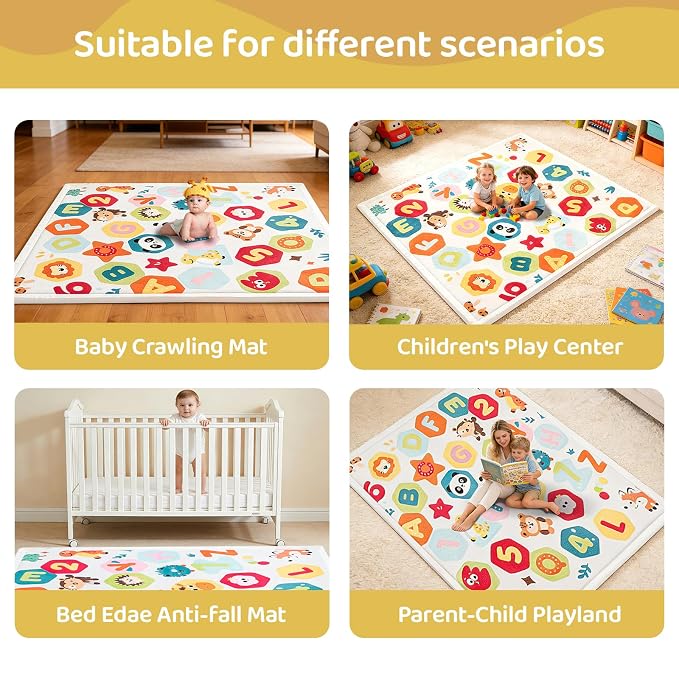 Baby Play Mat for Floor, 74'' x 50'' Thicken Foam Soft Padded Playmat for Tummy Time, Playpen Mat for Toddlers Infant Kids, Water-Repellent Coral Velvet, Non-Slip Bottom Safe for Crawling (Animal)