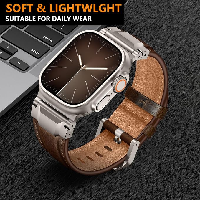 Bands Compatible with Apple Watch Ultra 3/2/1 Band 49/46/45/44mm | Genuine Leather Metal Connector Strap for iWatch Ultra Series 11/10/9/8/7/SE/6/5/4/3/2/1, Dark Brown/Titanium