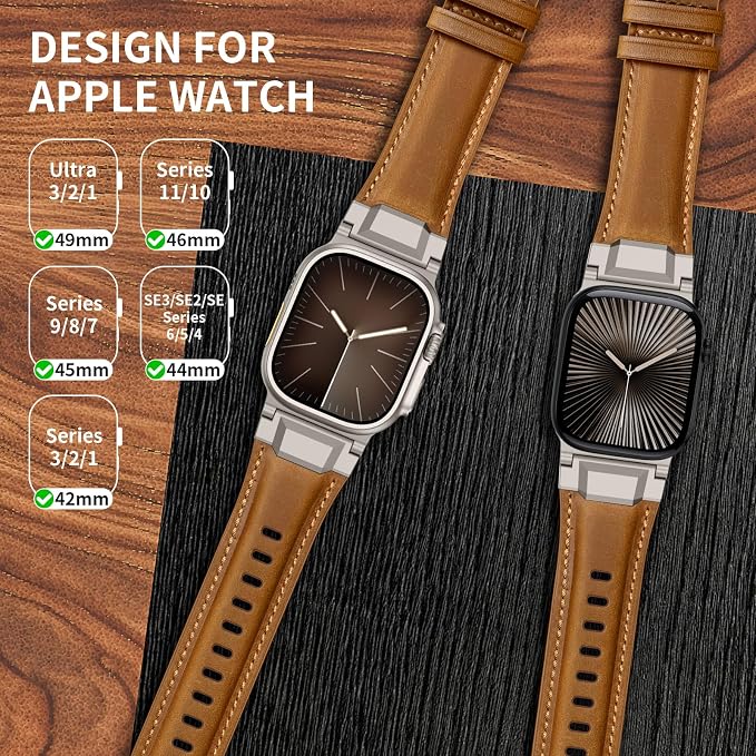 Bands Compatible with Apple Watch Ultra 3/2/1 Band 49/46/45/44mm | Genuine Leather Metal Connector Strap for iWatch Ultra Series 11/10/9/8/7/SE/6/5/4/3/2/1, Retro Brown/Titanium