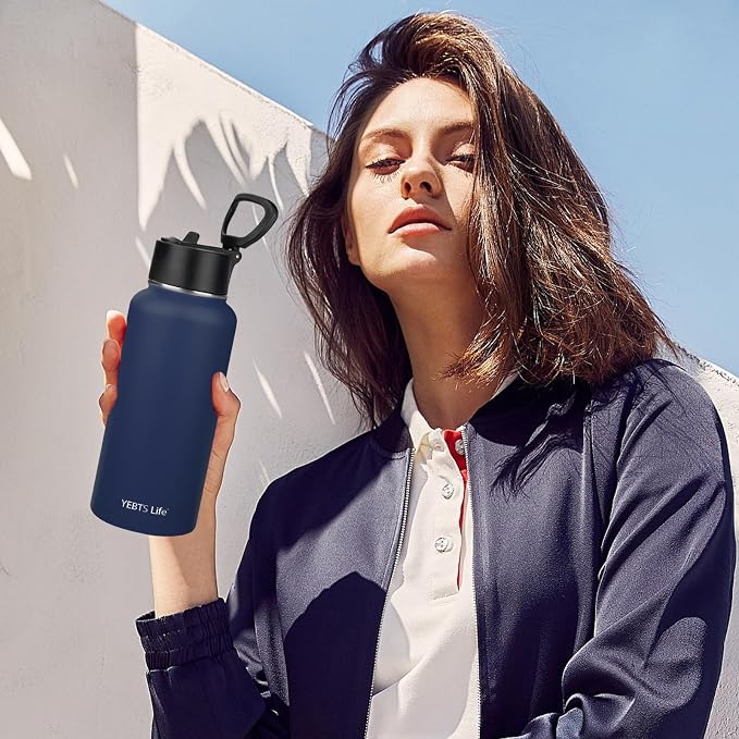 Insulated Water Bottle With Straw,32 oz Vacuum Insulated Stainless Steel Sports Water Flask,Keeps Cold and Hot,Metal Water Bottle Wide Mouth for Gym Travel Camping (Nave blue)