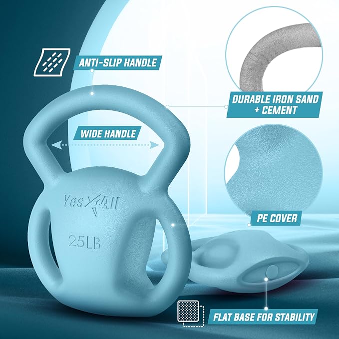 Yes4All Kettlebell, Strength Training Kettlebells for Women, Wide Multi-grip Textured Handle for Home Gym Exercises & Full Body Workout, Single 5–25 lb & Set of 10-15 lb