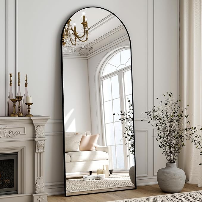 Arched Full Length Mirror 59"x16" Leaning Hanging Decor Black | Standing Body Mirror with Aluminum Frame for Bedroom Cloakroom Living Room Make-up Gift