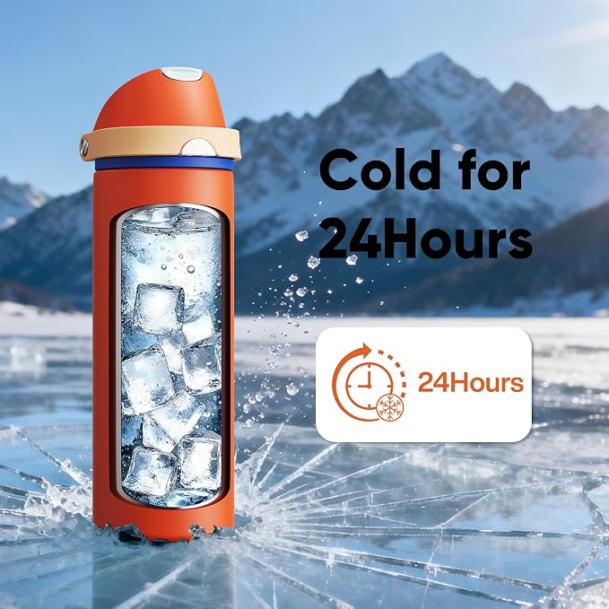 Insulated Water Bottle with Straw - Encool Stainless Steel Water Bottle with Push Button Lid, Leak-Proof & BPA-Free, Keeps Cold for 24 Hours for Sports, Travel, Gym (24 oz, Salmon)