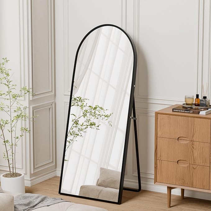 56"×18" Full Length Mirror, 2 Pcs Shatterproof Tempered Glass Floor Mirror, Alum Alloy Thin Frame Standing Mirror with Freestanding/Leaning/Wall Mount for Bedroom, Living Room & Entryway, Black
