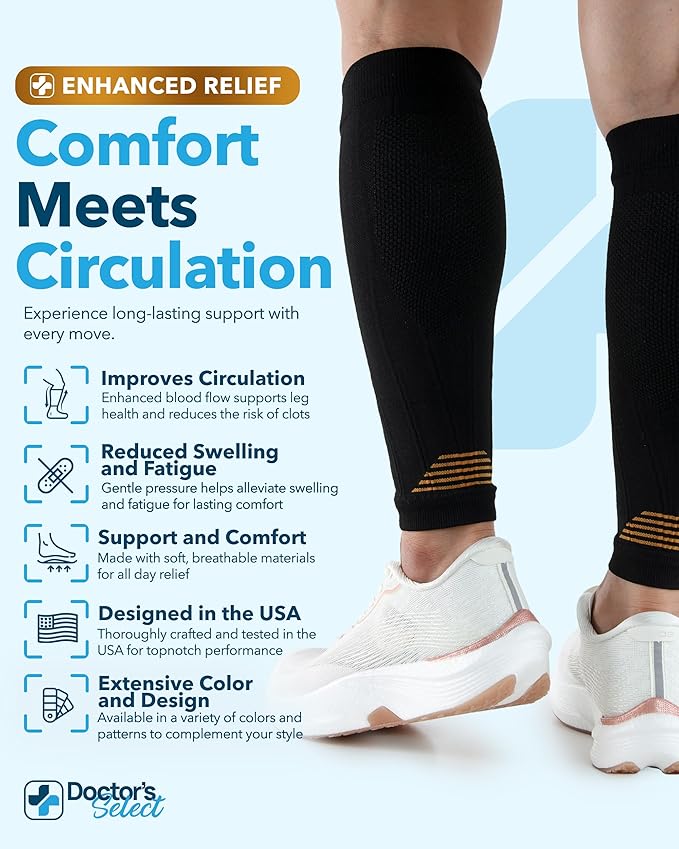 Doctor's Select 2 Pairs Copper Calf Compression Sleeve - Leg Compression Sleeves for Women & Men, Shin Splint Relief
