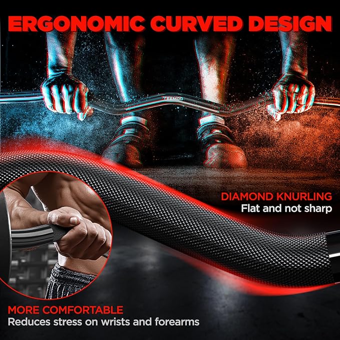 TEEMOO Olympic EZ Curl Barbell Bar, 47" Curl Bar with 2 Spring Collars, Curling bar for Weight Lifting, Squat, Hip Thrusts, Biceps, 500lb Weight Capacity, E-Coat Finish for 2 inch Weight Plates (Black)