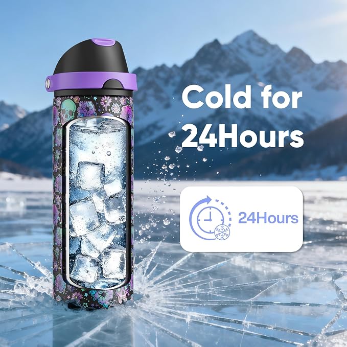 Insulated Water Bottle with Straw - Encool Stainless Steel Water Bottle with Push Button Lid, Leak-Proof & BPA-Free, Keeps Cold for 24 Hours for Sports, Travel, Gym (24 oz, Floral Afterlife)
