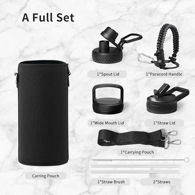 Trebo Insulated Water Bottle 32 oz with 3 Lids, Paracord Handle & Sleeve | Stainless Steel Metal Flask Vacuum, Triple Wall Copper Plated, Dishwasher Safe, Cold 48Hrs for Trail, Hiking, Wide Mouth
