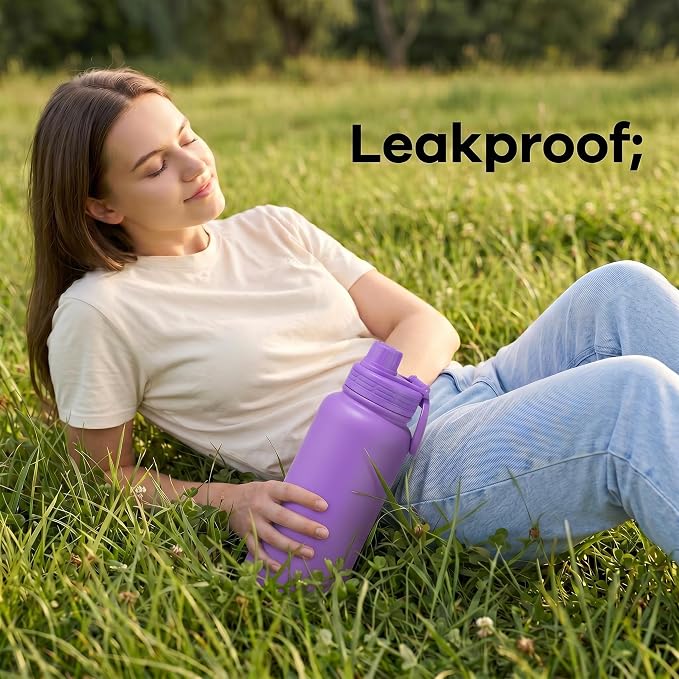 Purple Insulated 32 oz Metal Leakproof Water Bottle | Mens Stainless Steel Water Flask, Large Sports Travel Water Bottle for Gym,Hiking,1 liters Thermal Bottle with 2 Lids