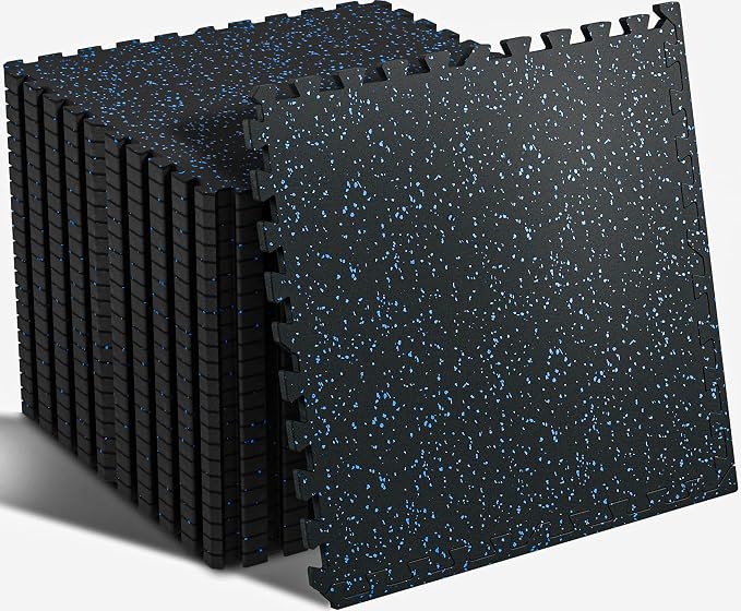 SUPERJARE 0.56'' Thick 12 Pcs 48 Sq Ft Rubber Top Exercise Equipment Mats, High Density EVA Foam Mats with Rubber Top, Interlocking Gym Flooring for Home Gym, Protective Workout Mat, Black/Blue