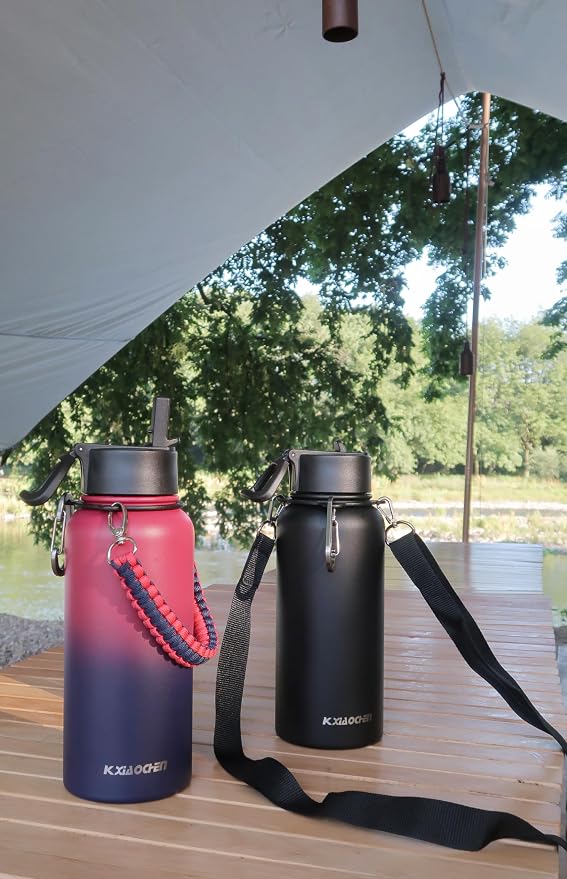 KXIAOCHEN Insulated Water Bottle with Strap, 48-Hour Cold, 2 Lids | Triple-wall insulation, lead-free 18/8 Stainless steel, paracord handle, carabiner clip, for gym, hiking, camping and travel