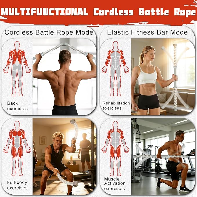 2-in-1 Ropeless Battle Rope & Vibration Bar, Portable Cordless Fitness Ropes for Home Gym, Strength Building, HIIT Training & Low-Impact Aerobic Training for Men and Women