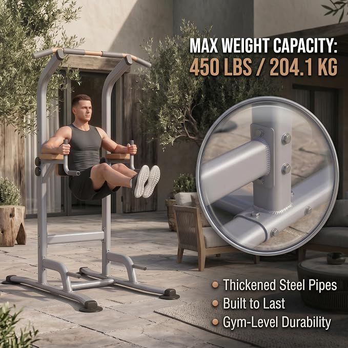Multi-Function Power Tower Pull Up Bar Station with Pilates Resistance Bands, 450LBS Stable Pull Up Dip Station with Push Up Handles for Home Gym Strength Training Equipment