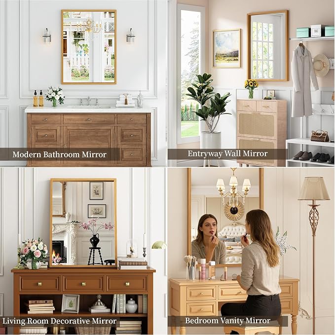Syndra Natural Wood Frame Bathroom Mirror, 30x40'' Modern Vanity Mirror for Wall, Waterproof Slim Deep Frame, Rectangular HD Tempered Glass Mirror for Living Room, Bedroom, Entryway, Rustic, Farmhouse