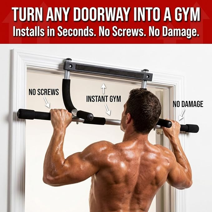 Iron Chin Up & Pull Up Bar Gen. 1, Heavy Duty Doorway Pull Up Bar with 9 Grip Positions, No Screws, Fits 24"-36" Doorways, Supports 440 lbs, Home Gym Equipment for Upper Body Strength