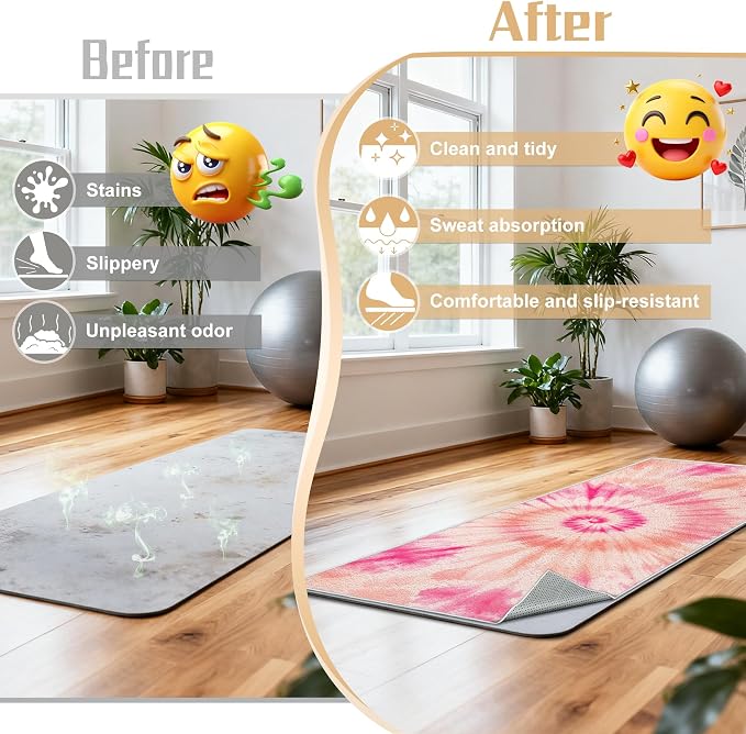 Yoga Mat Towel Non Slip Ultra-Absorbent Hot Yoga Towel, Super Stylish Printed Sweat Hot Yoga Towel, Ideal for Home, Workouts, Pilates, Yoga, 72 x 27in, Orange & Pink Tie Dye